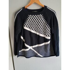 Betty Barclay dark navy blue and white geometric pattern sweater Grandma core
